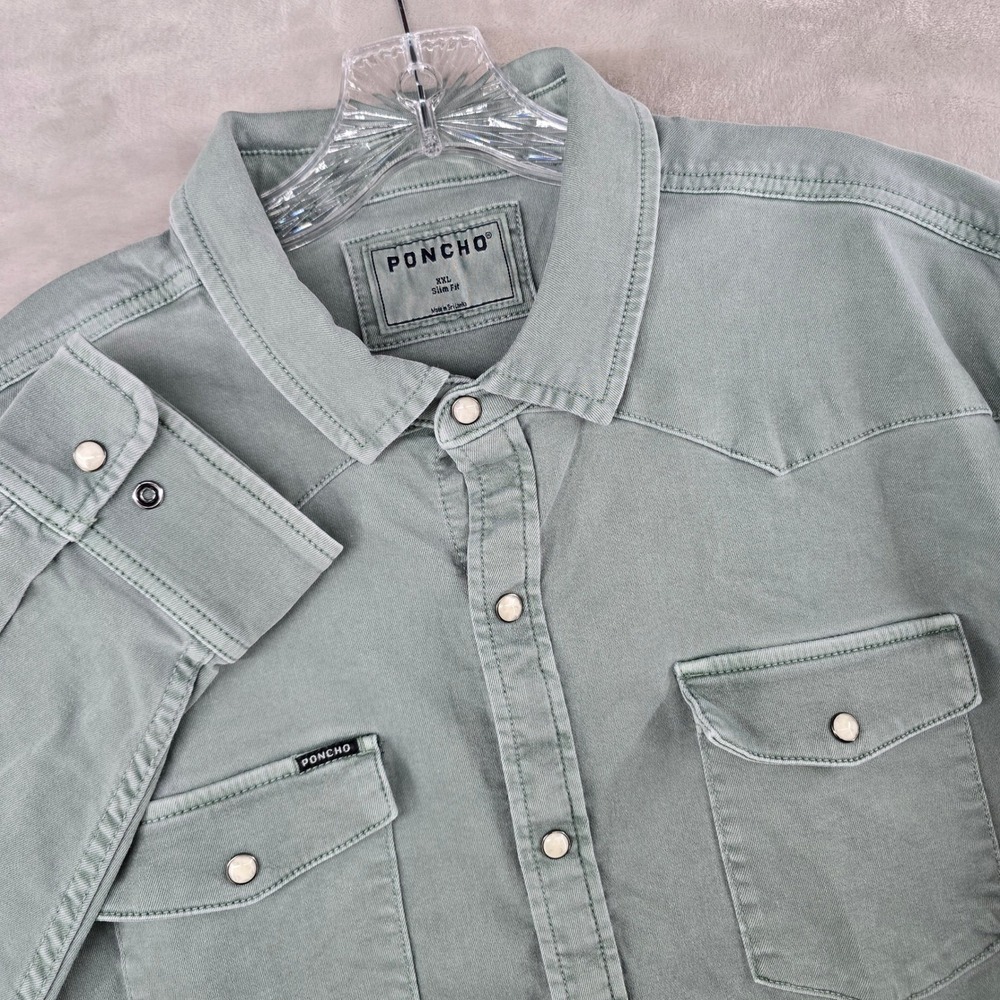 Poncho Western Denim Shirt Men XXL Slim Green Pearl Snap long Sleeve Twill